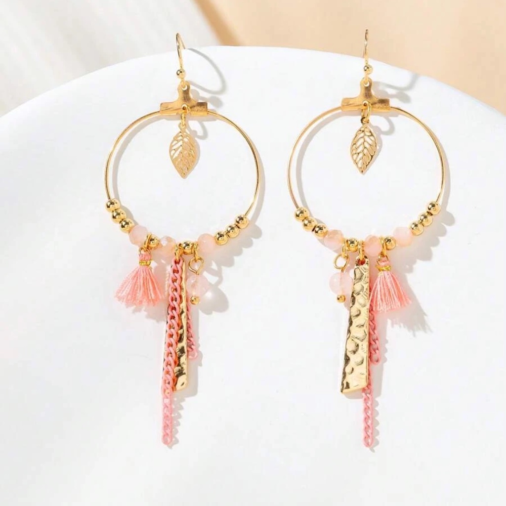 Gold Tone Tassel Bead Chain Earrings